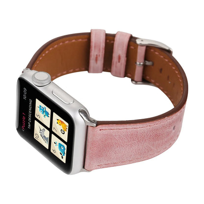 Leather watch strap with a folding buckle in blue, shown next to brown, green, orange, pink, and yellow colour options.