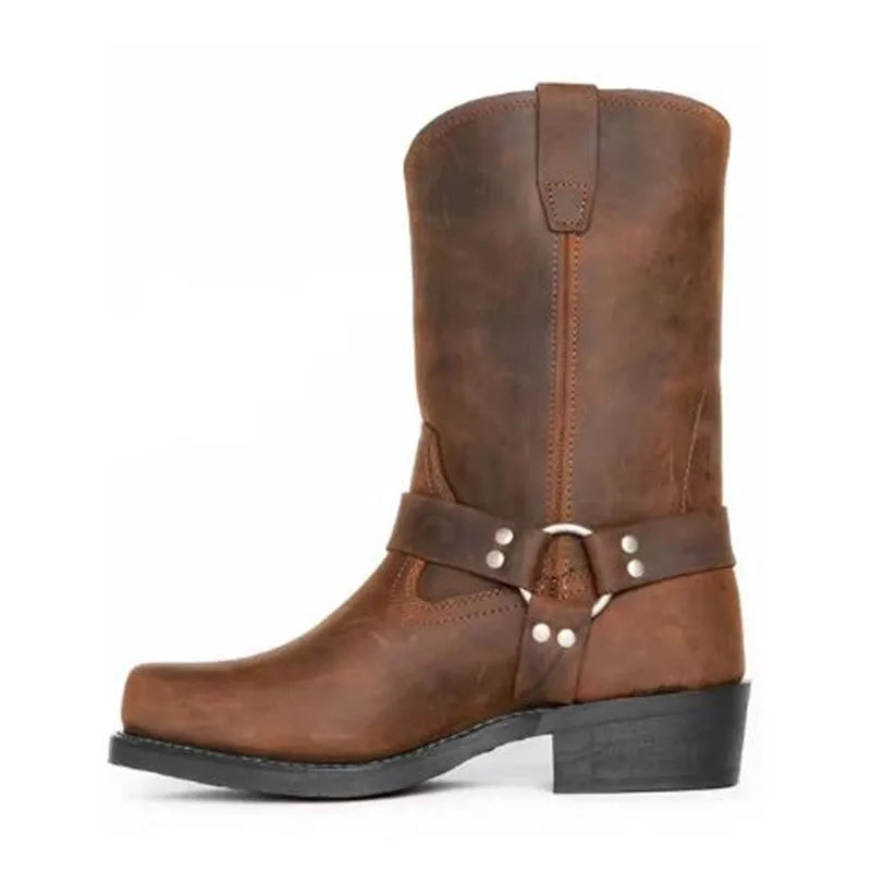 Men's brown cowboy boots with silver buckle ring detail on high-top leather design