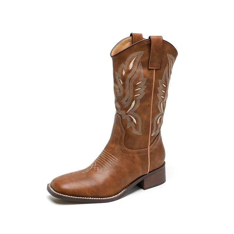 Brown women's mid-calf embroidered Martin boots with leather lining and square heels
