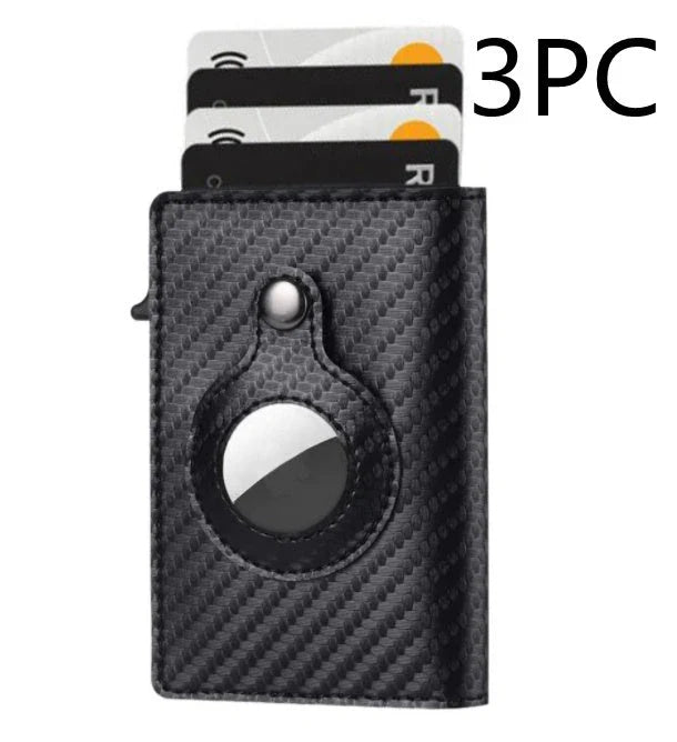 Premium leather wallet with built-in AirTag pocket and RFID blocking technology for secure everyday carry
