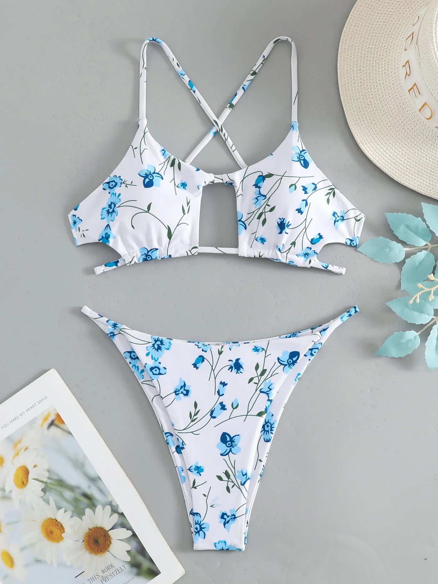 Floral tie-neck triangle bikini top with matching ruffle shorts swimsuit set