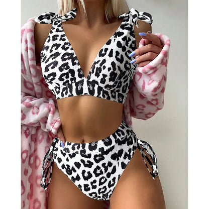 Women's purple leopard print lace-up high waist suit with sleeveless top and matching shorts