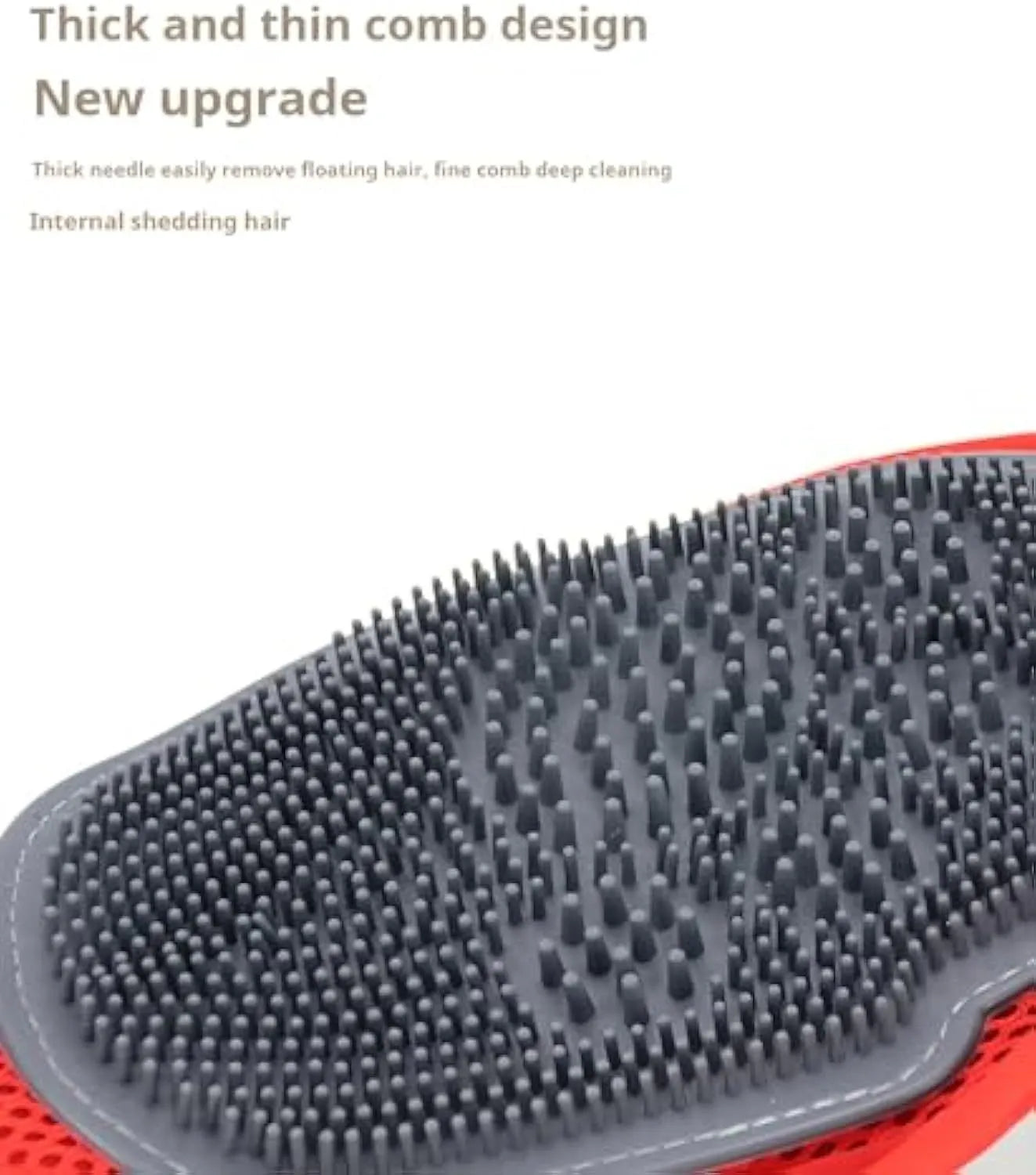 Red pet bathing glove with integrated brush bristles, measuring 26cm by 16cm, shown fitting on a hand