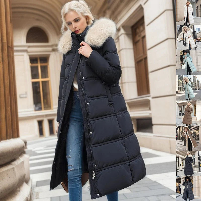 Women's stylish winter coat with fur hood and belt in various colors