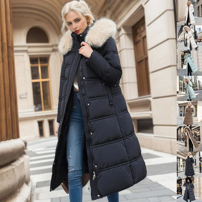 Women's stylish winter coat with fur hood and belt in various colors