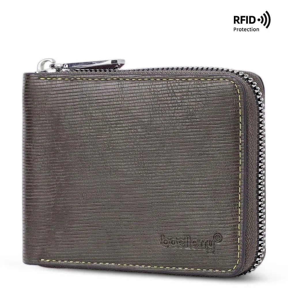 Black leather credit card wallet with anti-theft zipper closure showing embossed pattern and interior organisation
