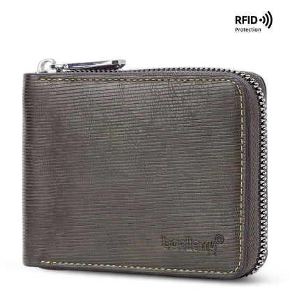 Black leather credit card wallet with anti-theft zipper closure showing embossed pattern and interior organisation