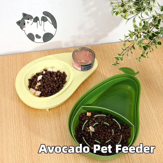 Avocado-shaped automatic pet food and water dispenser for dogs and cats, featuring a raised feeder, slow-feed bowl, and adjustable water flow