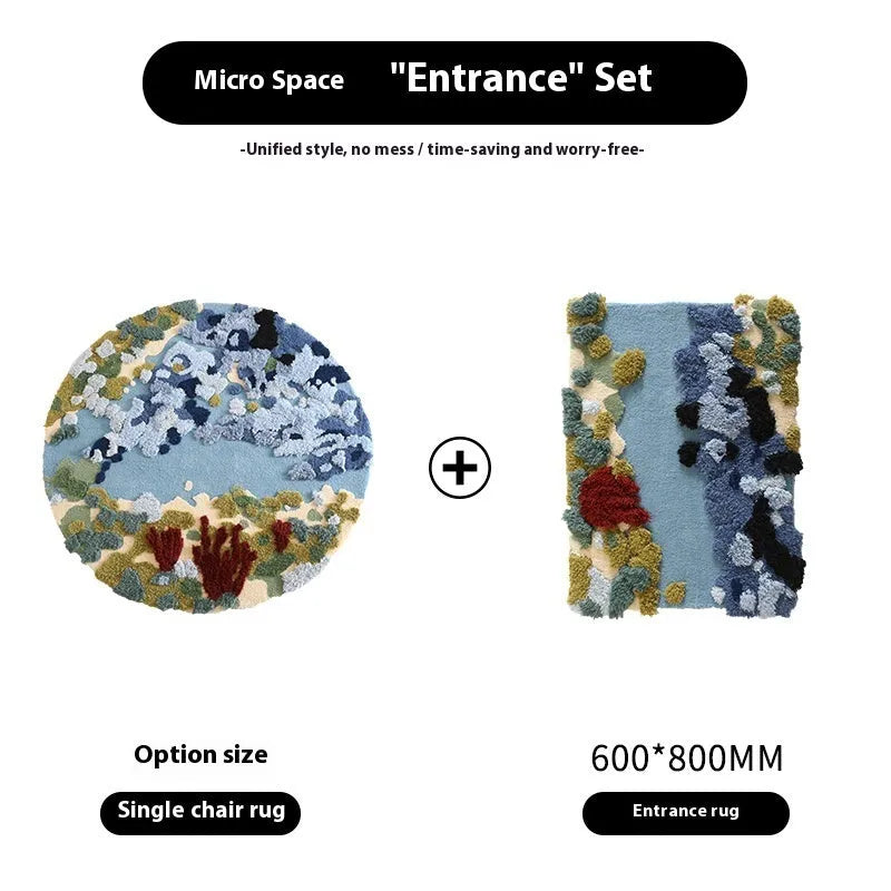 Ocean Secret Realm handmade round acrylic fibre carpet on a wooden floor.