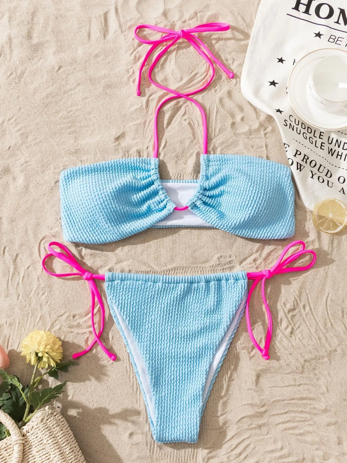 Women's solid colour halter neck lace-up bikini set with backless design and briefs bottom