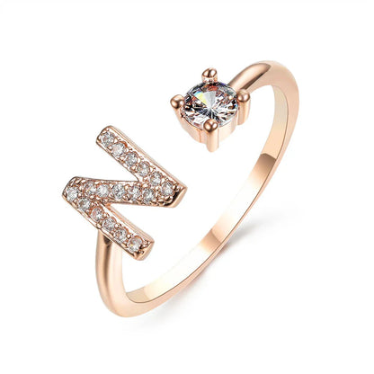 Personalized Initial Letter Crystal Ring with Adjustable Design in Gold, Silver, and Rose Gold Colors