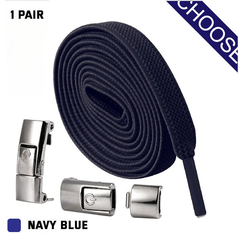 Press lock elastic shoelace with 8mm widened flat profile in assorted colours.