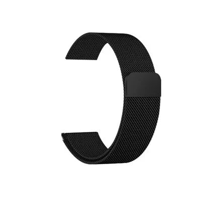 Stainless steel Apple Watch strap in silver on a wrist, showing the metal links and secure clasp.