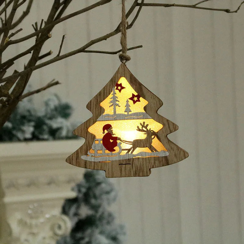 Set of four laser-cut wooden Christmas tree ornaments: old man, snowman, deer, and five-star snowman in mixed colours.