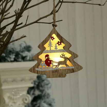 Set of four laser-cut wooden Christmas tree ornaments: old man, snowman, deer, and five-star snowman in mixed colours.