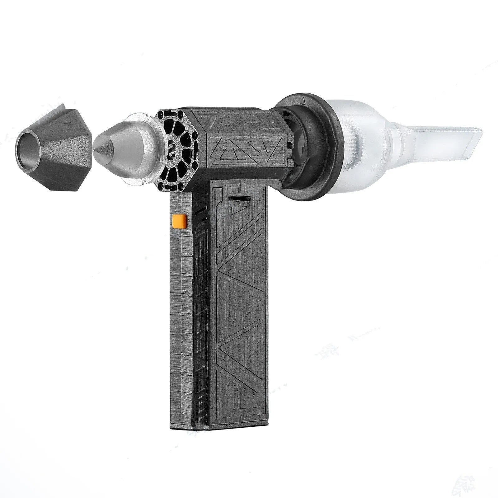 Iron grey cordless handheld turbo fan air duster with brushless motor on a workbench.
