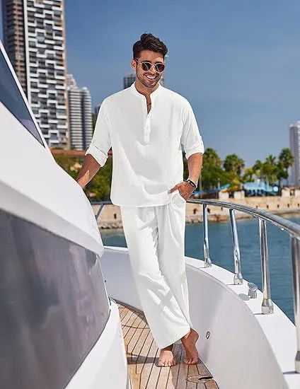 Men's casual cotton suit in a solid colour, featuring a long sleeve top and full-length trousers.