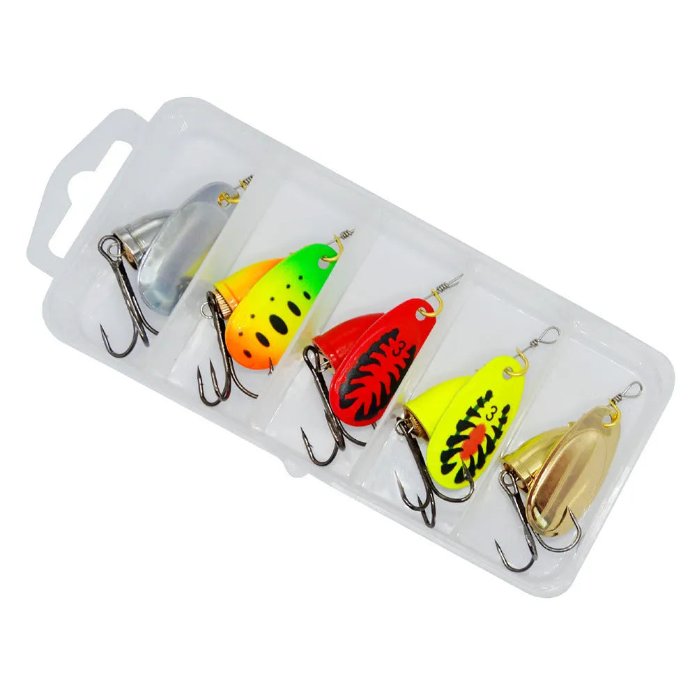 R composite rotating sequins copper bell fishing lure in seven colours showing 3# size and metal construction