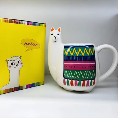 White ceramic mug with cartoon alpaca pattern and handle