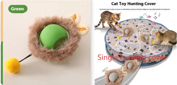 Silicone rolling ball cat toy showing red, green, and grey colour options with self-hi motion mechanism