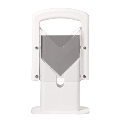 White plastic bagel slicer with clear safety shields and stainless steel blade