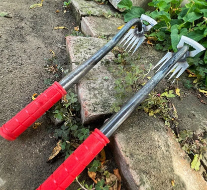 Alloy steel dual-purpose garden hoe and rake tool with multiple tooth configurations for digging and soil preparation