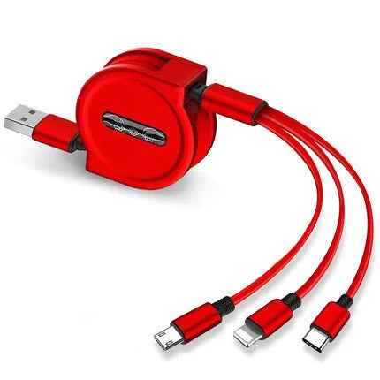 Black telescopic 3-in-1 charging cable with titanium alloy connectors extended on a white background.
