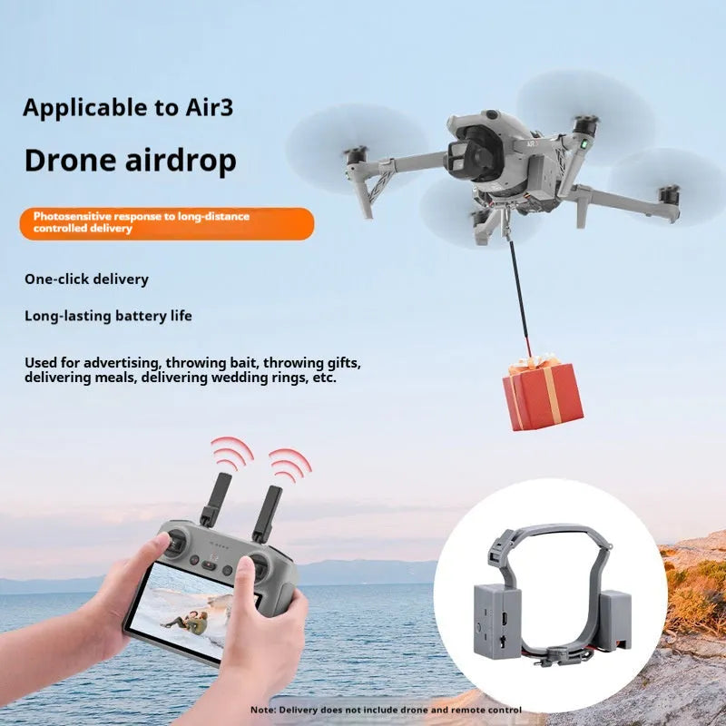 Dark grey ABS drone thrower for DJI Air 3 with USB charging and height extension tripod, 500g capacity.