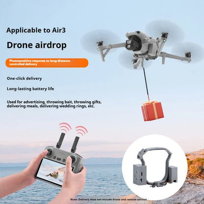 Dark grey ABS drone thrower for DJI Air 3 with USB charging and height extension tripod, 500g capacity.
