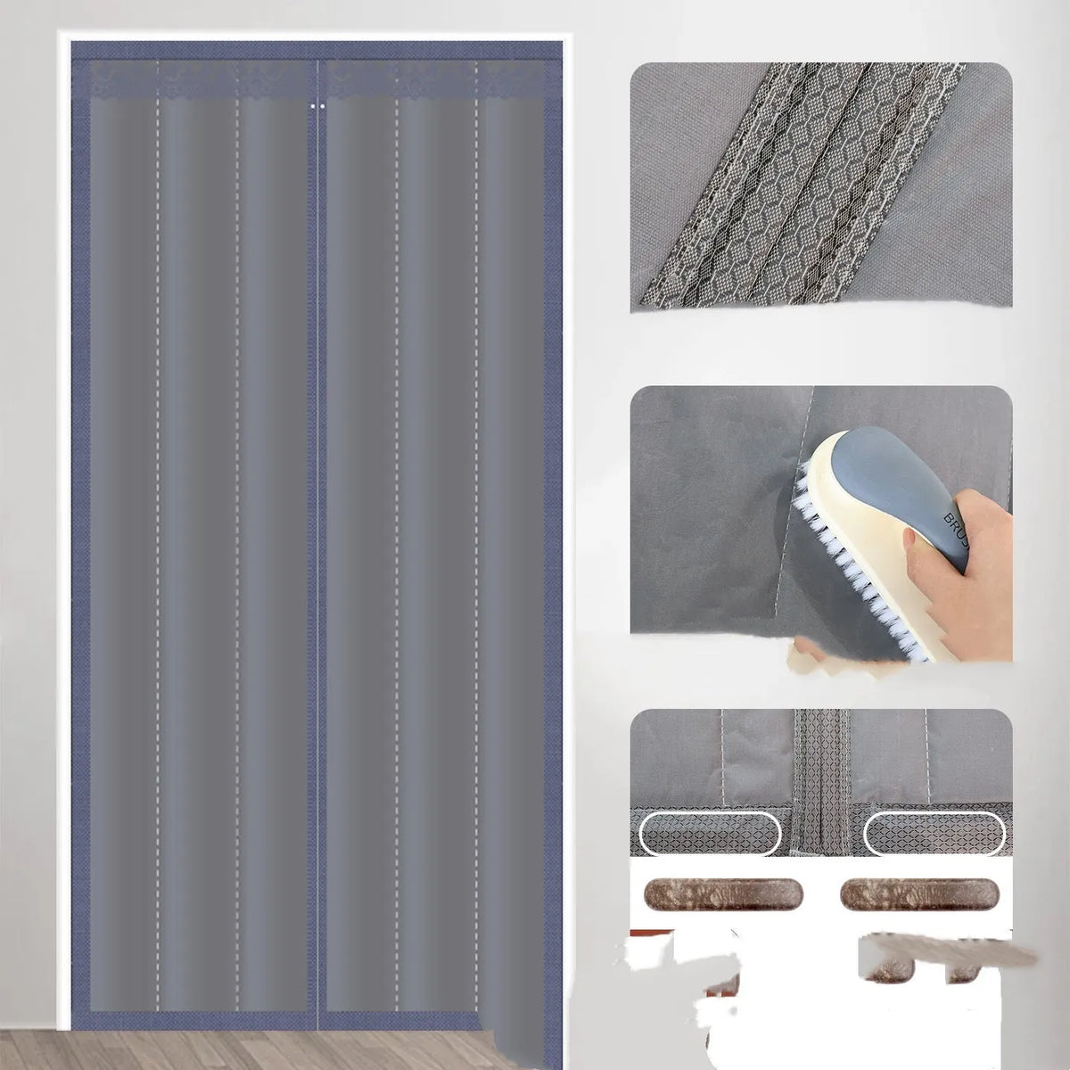 Full seam long magnetic strip cotton door curtain in Oxford cloth with vertical stripes, showing magnetic edges for sealing doorways