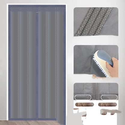 Full seam long magnetic strip cotton door curtain in Oxford cloth with vertical stripes, showing magnetic edges for sealing doorways