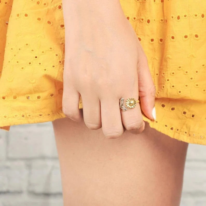 Bohemia Two-tone Sunflower Adjustable Ring with floral design and adjustable band