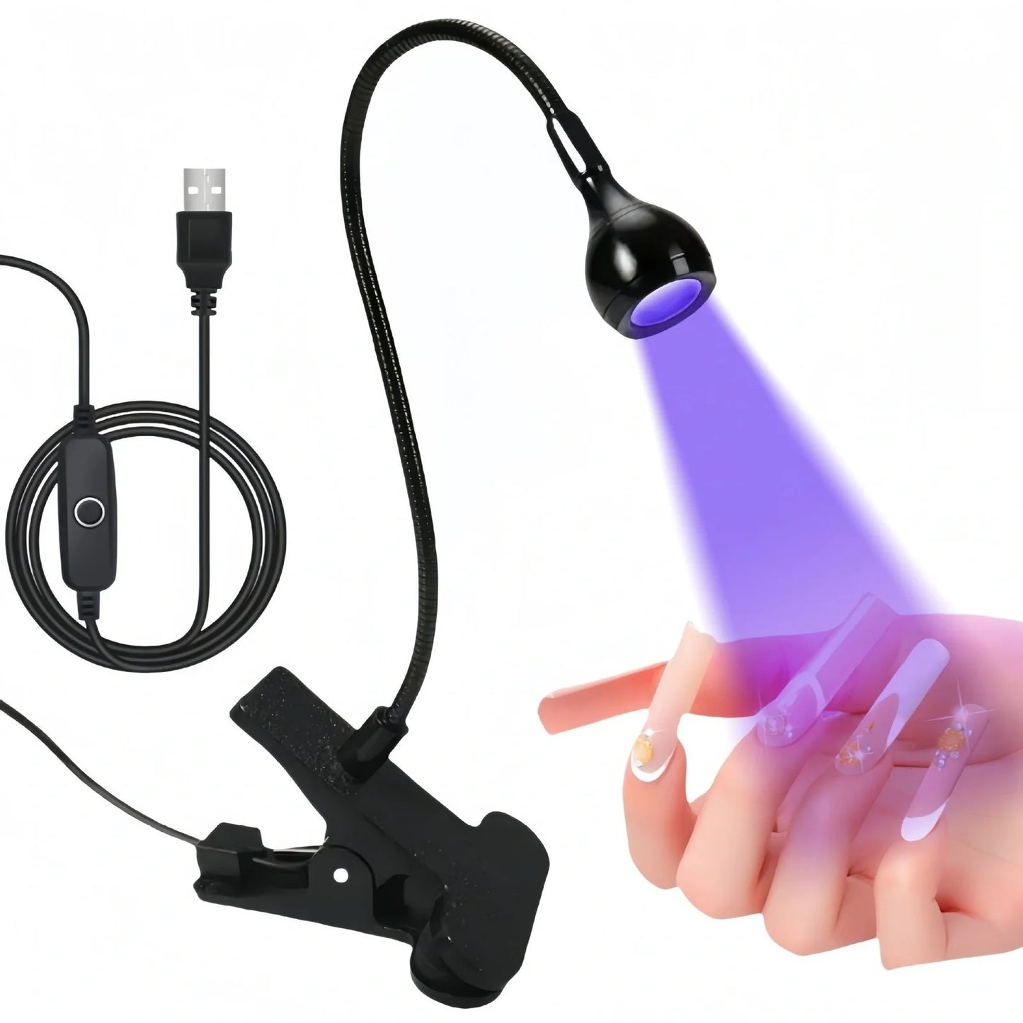 Black gooseneck UV nail lamp with clip attachment, adjustable tube, and straight light body for curing manicures