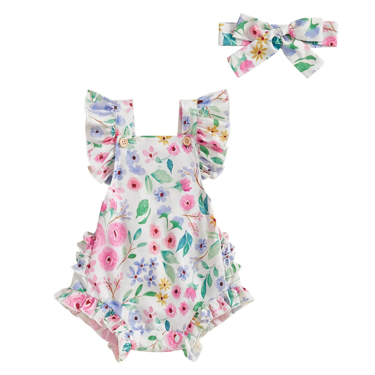Girls floral print dress with matching headband, short sleeve pullover, available in pink, red, green, and brown, sizes 0-18 months.