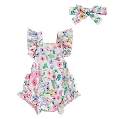 Girls floral print dress with matching headband, short sleeve pullover, available in pink, red, green, and brown, sizes 0-18 months.