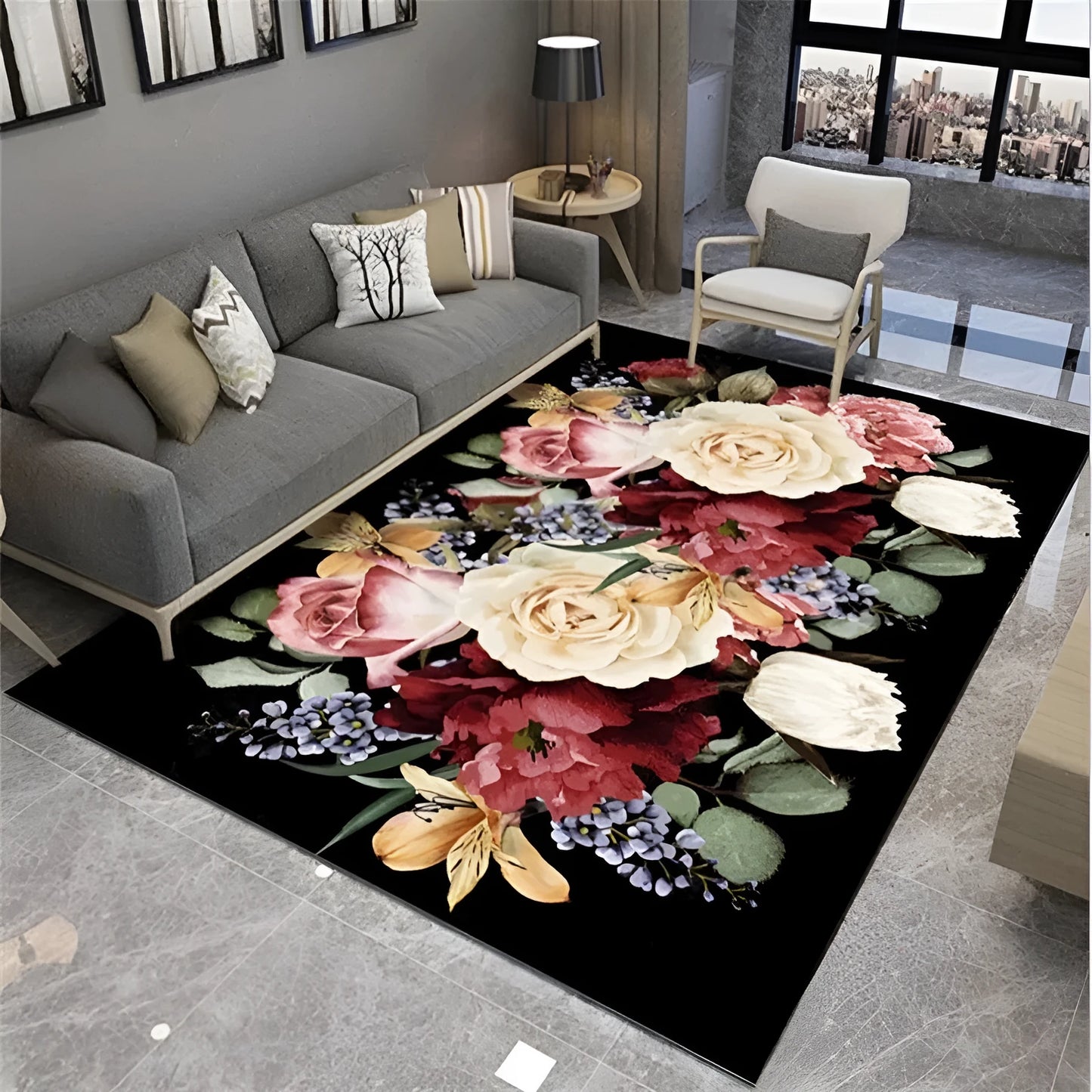 Black rectangular bedside carpet with anti-skid plastic points on bottom and soft felt interior.