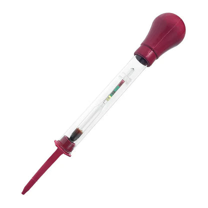 A red and black glass electrohydraulic hydrometer for testing car battery electrolyte density.