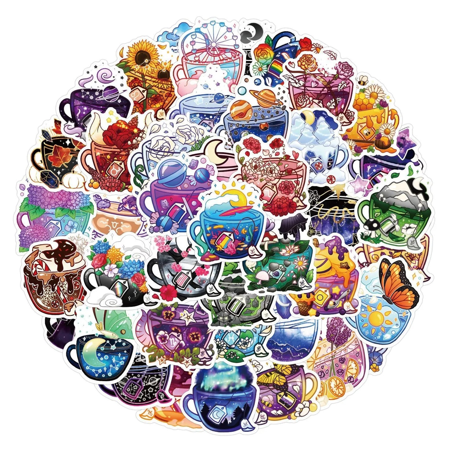 Colourful tea cup graffiti waterproof stickers in a 50-piece set for DIY personalisation of luggage and scooters