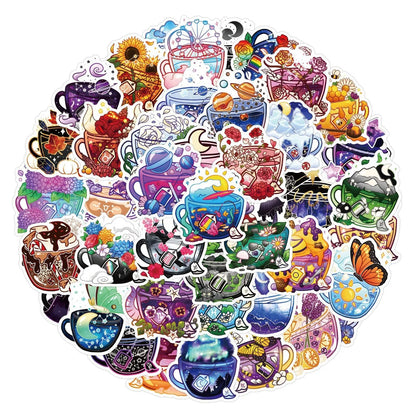Colourful tea cup graffiti waterproof stickers in a 50-piece set for DIY personalisation of luggage and scooters
