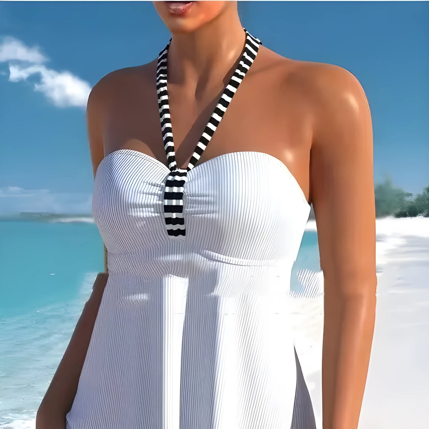 Women's black and white striped off-shoulder swimsuit with briefs style bottoms