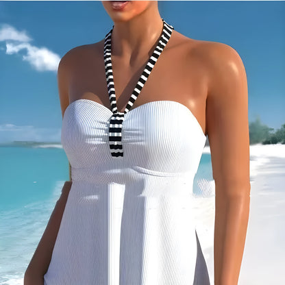 Women's black and white striped off-shoulder swimsuit with briefs style bottoms