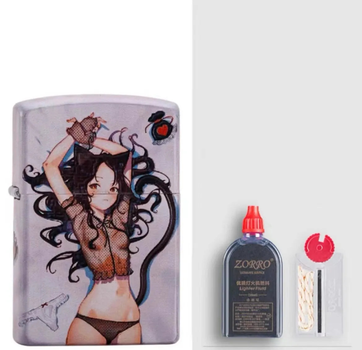 Windproof kerosene lighter with grinding wheel, pure copper case, shown with artistic design options.