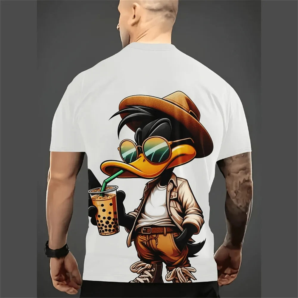 Men's grey loose-fit short sleeve t-shirt featuring a large 3D cartoon character print on the front.