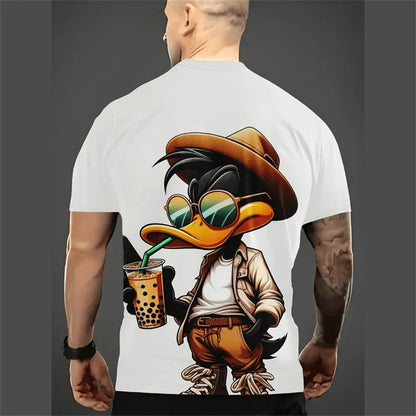 Men's grey loose-fit short sleeve t-shirt featuring a large 3D cartoon character print on the front.