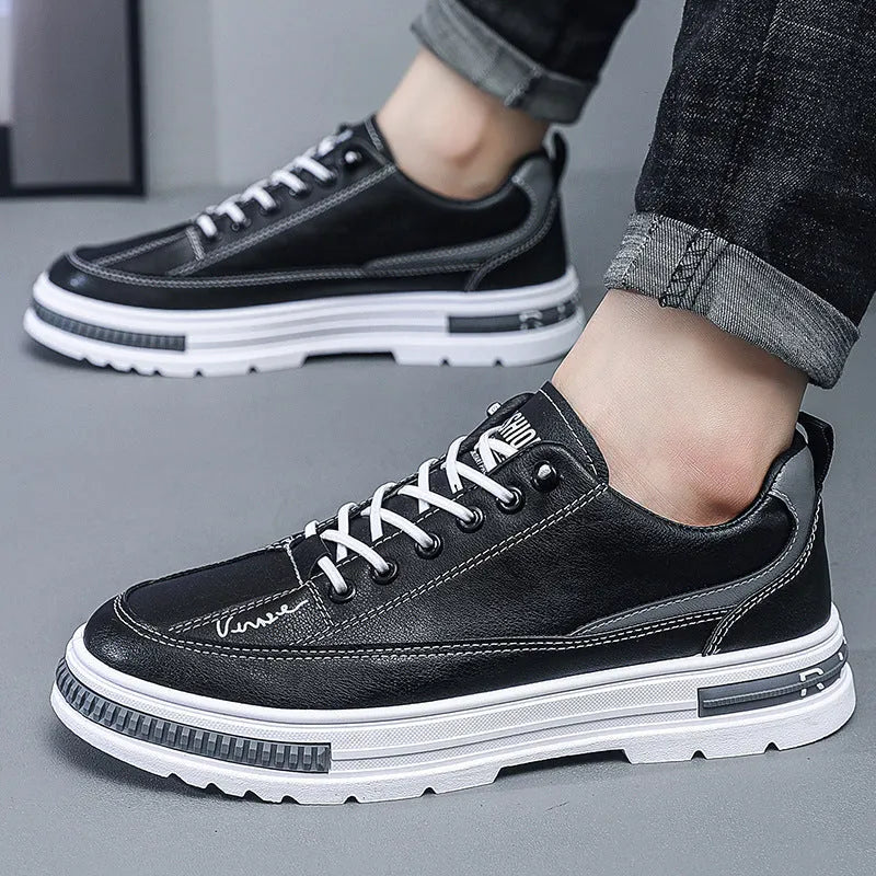 Men's white and black Korean style platform sneakers with elastic band and round toe.