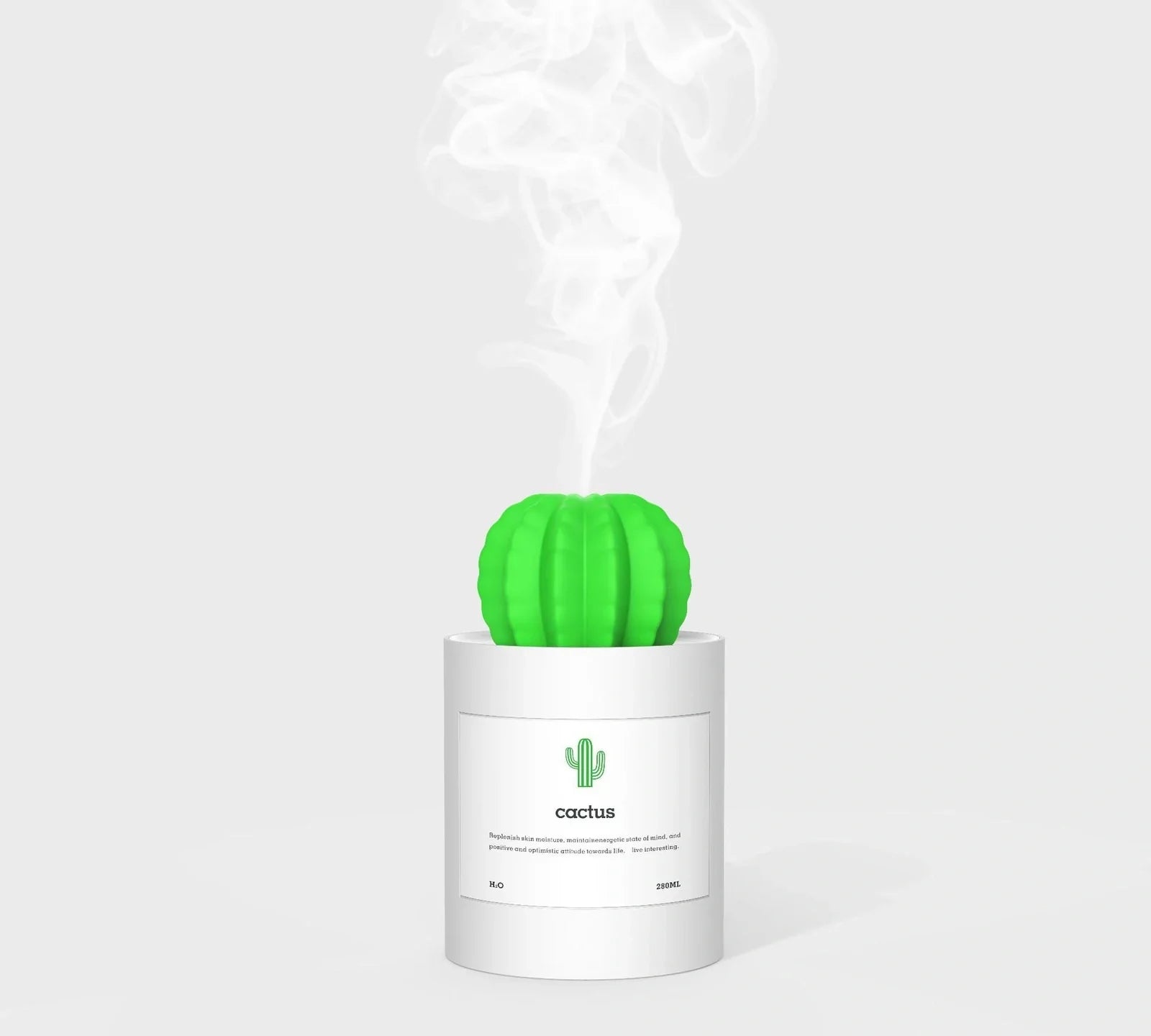 White cactus-shaped ultrasonic humidifier with 280ml tank and soft LED light, USB powered for home aroma diffusion