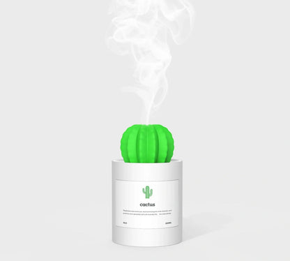 White cactus-shaped ultrasonic humidifier with 280ml tank and soft LED light, USB powered for home aroma diffusion