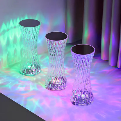 Crystal rechargeable table lamp with 8cm diameter base and multicolour LED lighting options