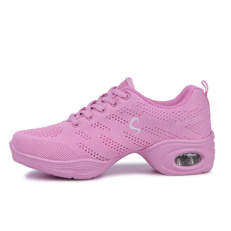 Women's breathable fly woven mesh dancing shoes in a light colour with a soft PU sole.
