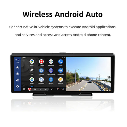 10.26 inch wireless CarPlay car recorder with 140° wide-angle lens on vehicle dashboard